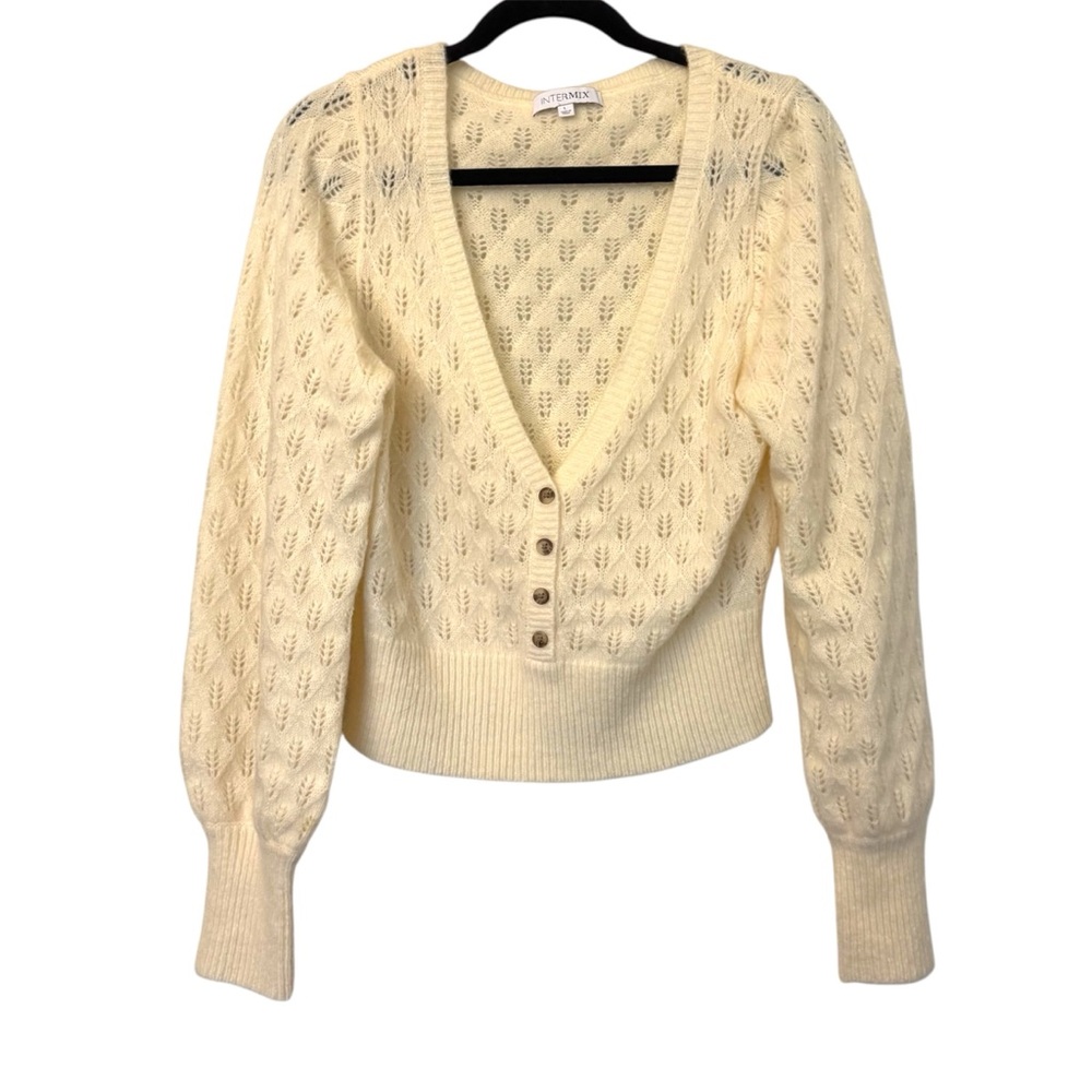Intermix Lenore Pointelle V-Neck Cardigan‎ Sweater Cream